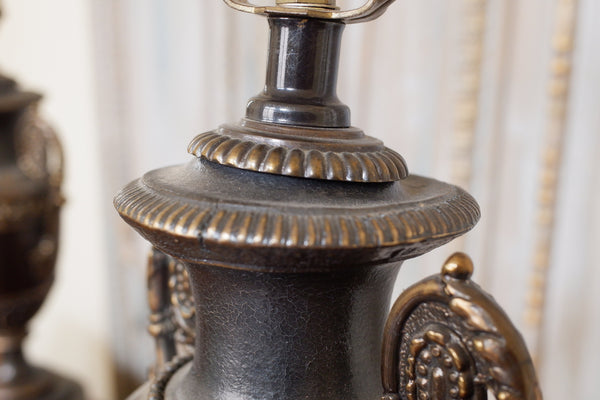 Pair of Vintage French Bronze Finish Ornate Metal URN Table Lamps