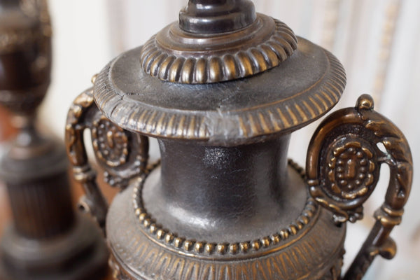 Pair of Vintage French Bronze Finish Ornate Metal URN Table Lamps