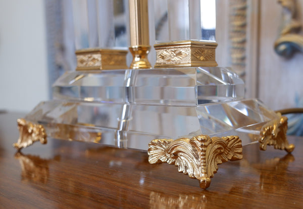 Antique FRENCH Lead Crystal Glass & 22 Carat Gold Column Table Lamp