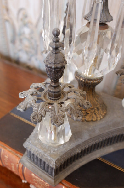 Antique Tall FRENCH Crystal Glass Lustre METAL Column Table Lamp