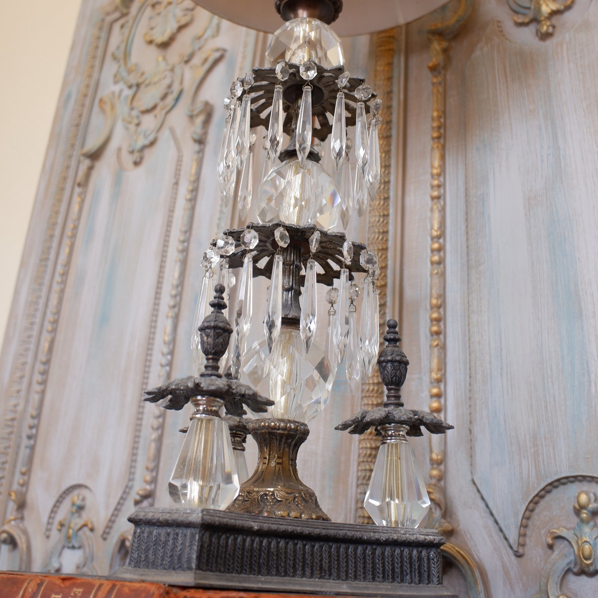 Antique Tall FRENCH Crystal Glass Lustre METAL Column Table Lamp