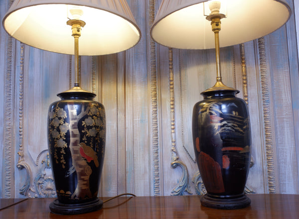 Pair of Antique Black & Gold Chinese/Japanese Oriental Metal Table Lamps