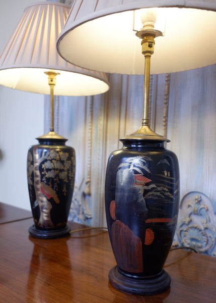 Pair of Antique Black & Gold Chinese/Japanese Oriental Metal Table Lamps