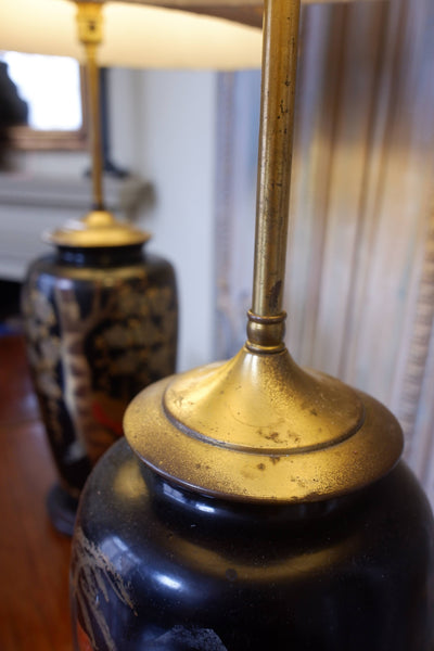 Pair of Antique Black & Gold Chinese/Japanese Oriental Metal Table Lamps