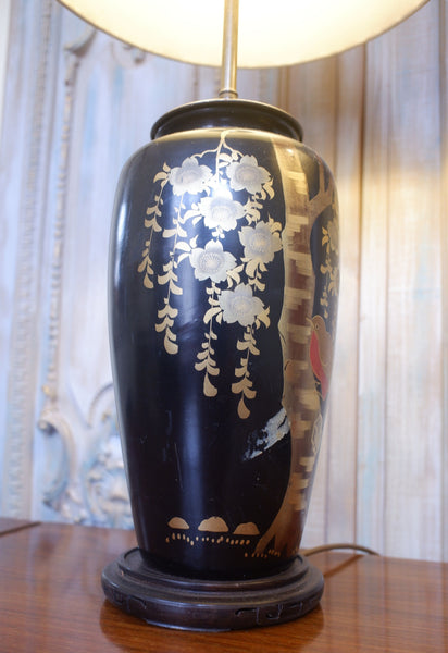 Pair of Antique Black & Gold Chinese/Japanese Oriental Metal Table Lamps