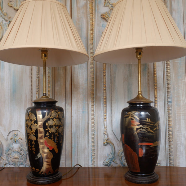 Pair of Antique Black & Gold Chinese/Japanese Oriental Metal Table Lamps
