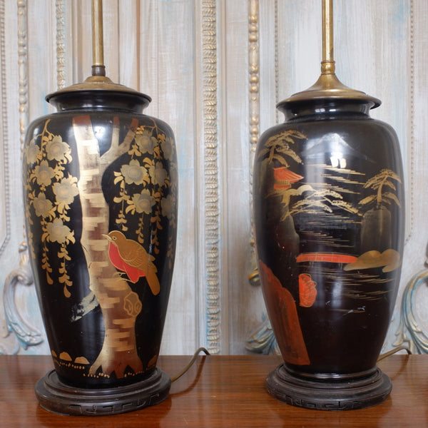 Pair of Antique Black & Gold Chinese/Japanese Oriental Metal Table Lamps