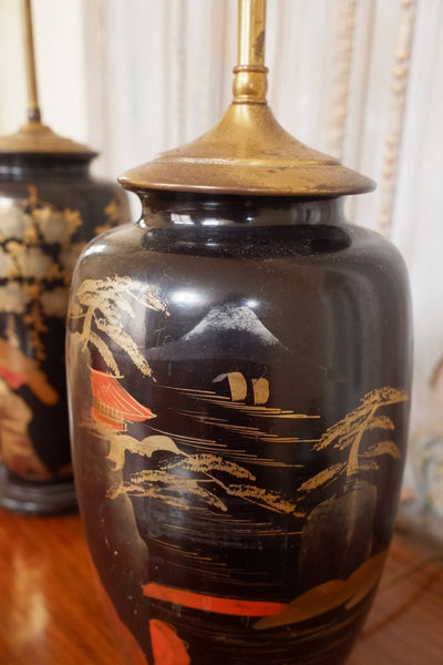 Pair of Antique Black & Gold Chinese/Japanese Oriental Metal Table Lamps