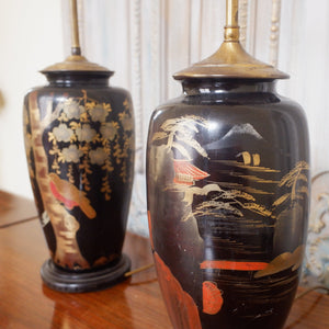Pair of Antique Black & Gold Chinese/Japanese Oriental Metal Table Lamps
