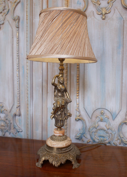 Vintage FRENCH Ornate Marble & Gold Spelter Lady Figurine Table Lamp