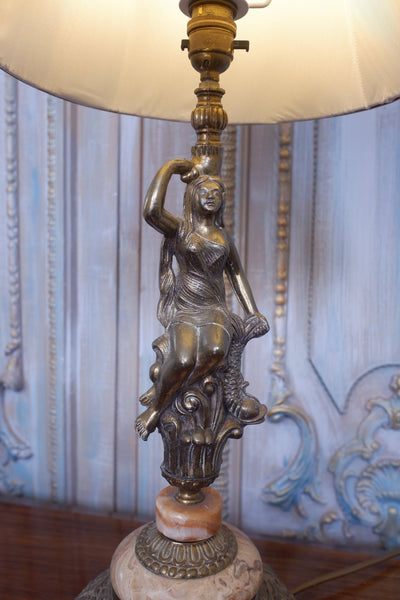 Vintage FRENCH Ornate Marble & Gold Spelter Lady Figurine Table Lamp