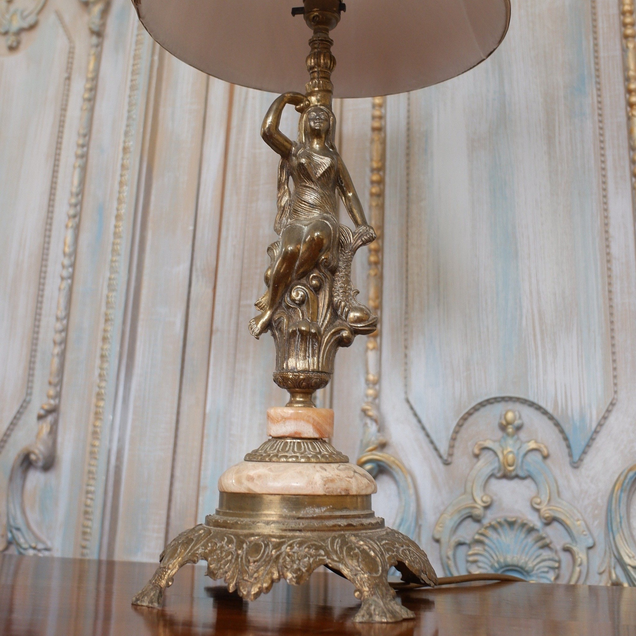 Vintage FRENCH Ornate Marble & Gold Spelter Lady Figurine Table Lamp