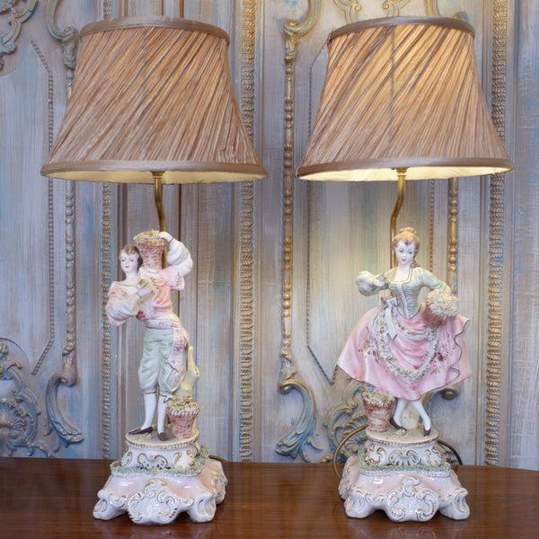 Pair of Vintage Louis XV PORCELAIN China Italian Ornate Figures Table Lamps