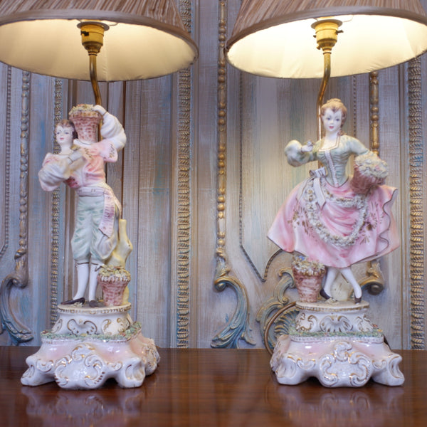 Pair of Vintage Louis XV PORCELAIN China Italian Ornate Figures Table Lamps