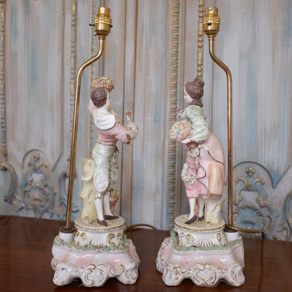 Pair of Vintage Louis XV PORCELAIN China Italian Ornate Figures Table Lamps