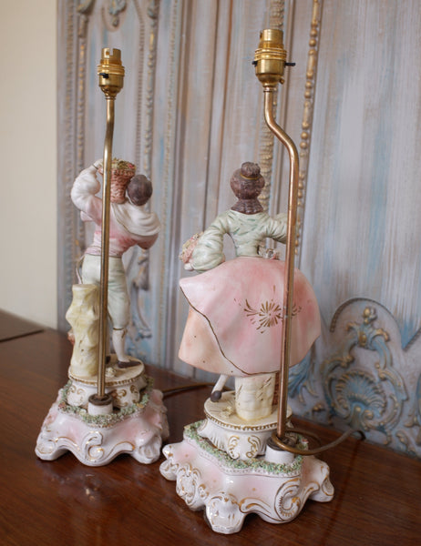 Pair of Vintage Louis XV PORCELAIN China Italian Ornate Figures Table Lamps