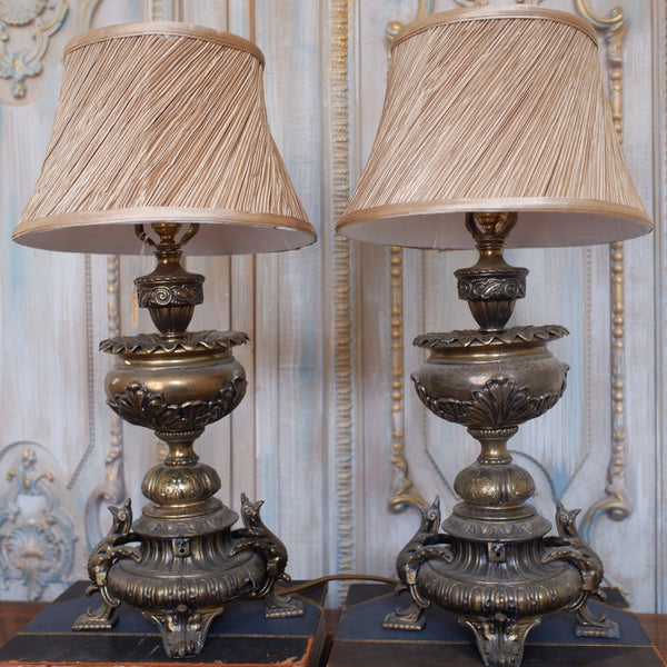 Pair of Vintage French Bronze Finish Ornate Metal URN Table Lamps