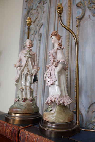 Pair of Vintage French Louis PORCELAIN China Ornate Figures Table Lamps