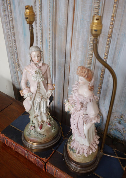 Pair of Vintage French Louis PORCELAIN China Ornate Figures Table Lamps