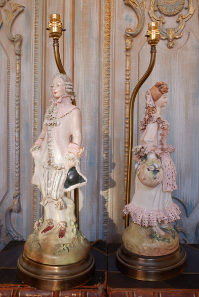 Pair of Vintage French Louis PORCELAIN China Ornate Figures Table Lamps