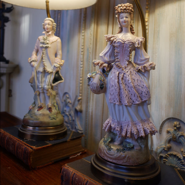 Pair of Vintage French Louis PORCELAIN China Ornate Figures Table Lamps