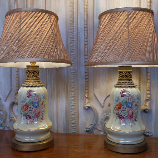 Pair of Antique French Porcelain Green Shabby Chic BELL Table Bedside Lamps