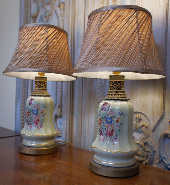 Pair of Antique French Porcelain Green Shabby Chic BELL Table Bedside Lamps