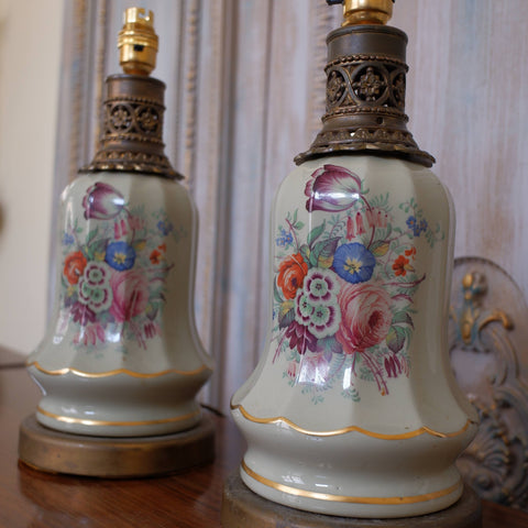 Pair of Antique French Porcelain Green Shabby Chic BELL Table Bedside Lamps