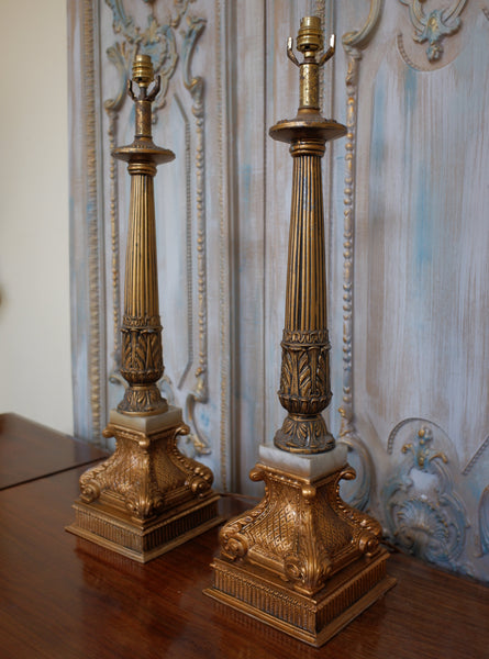 Pair of Antique Tall FRENCH Ornate METAL Gold Column Marble Rustic Table Lamps