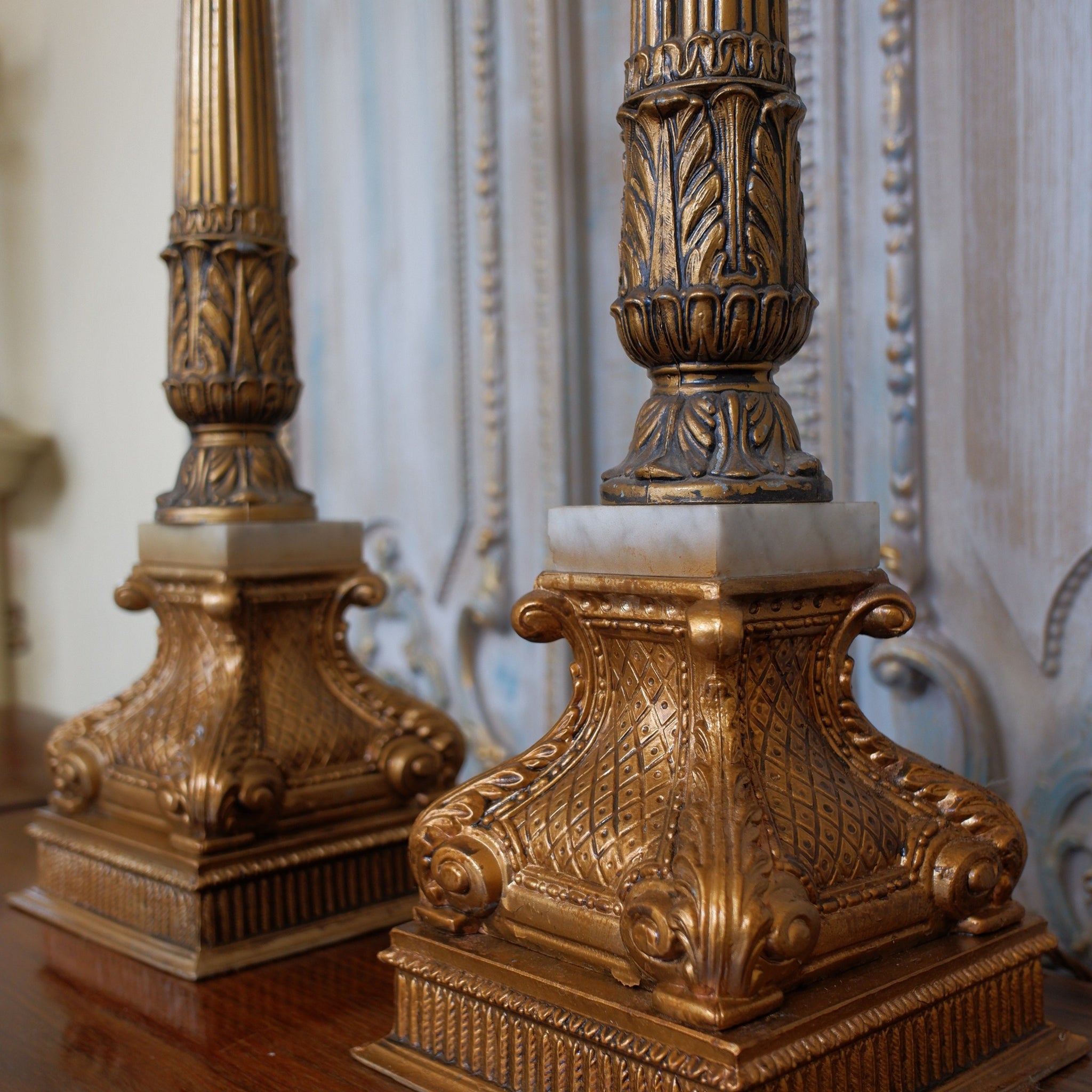 Pair of Antique Tall FRENCH Ornate METAL Gold Column Marble Rustic Table Lamps