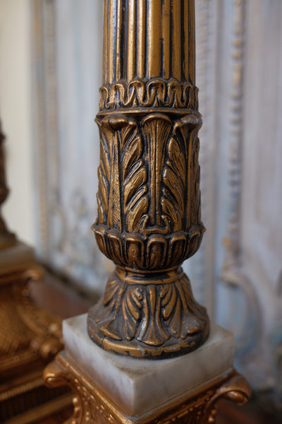 Pair of Antique Tall FRENCH Ornate METAL Gold Column Marble Rustic Table Lamps