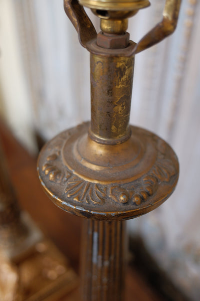 Pair of Antique Tall FRENCH Ornate METAL Gold Column Marble Rustic Table Lamps