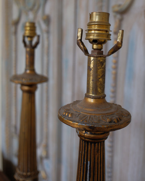 Pair of Antique Tall FRENCH Ornate METAL Gold Column Marble Rustic Table Lamps