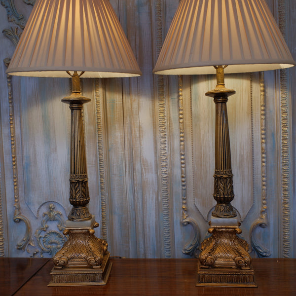 Pair of Antique Tall FRENCH Ornate METAL Gold Column Marble Rustic Table Lamps