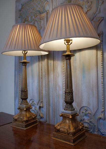 Pair of Antique Tall FRENCH Ornate METAL Gold Column Marble Rustic Table Lamps