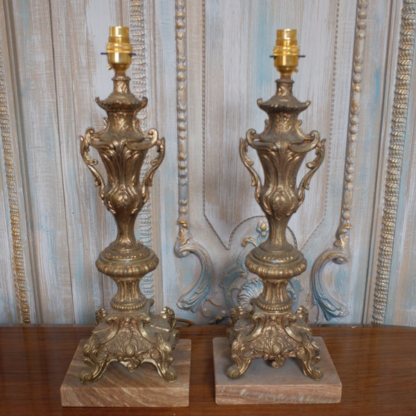 Pair of Vintage French Rustic GOLD Ornate Metal & Marble URN Table Bedside Lamps