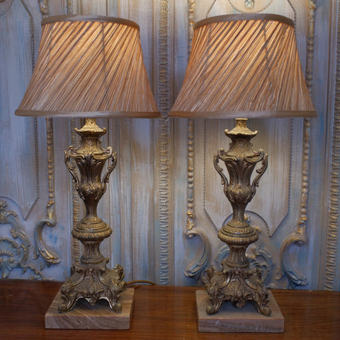 Pair of Vintage French Rustic GOLD Ornate Metal & Marble URN Table Bedside Lamps