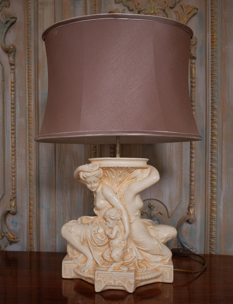 Vintage Mother & Child Cream Figures Ornate Plaster Table Bedside Lamp & Shade