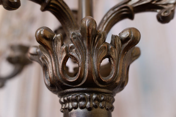 Pair of Vintage French Rustic Bronze Ornate Metal Candelabra Column Table Lamps