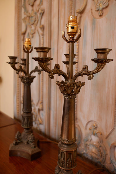 Pair of Vintage French Rustic Bronze Ornate Metal Candelabra Column Table Lamps