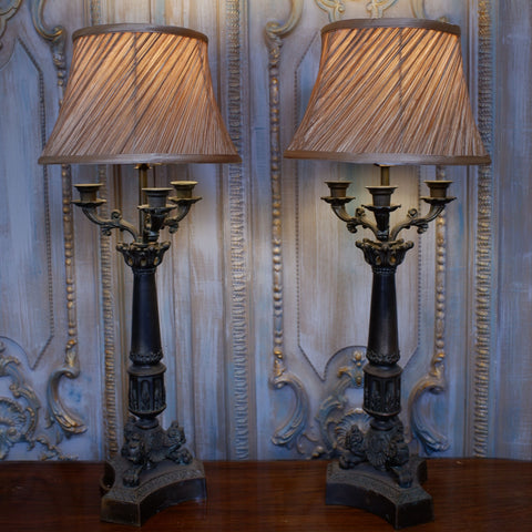 Pair of Vintage French Rustic Bronze Ornate Metal Candelabra Column Table Lamps