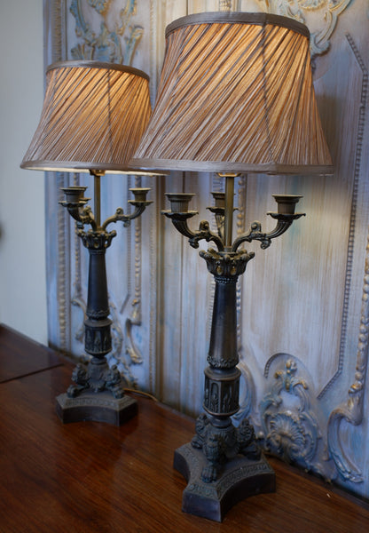 Pair of Vintage French Rustic Bronze Ornate Metal Candelabra Column Table Lamps