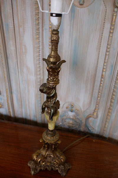 Vintage French CHERUB Rustic Green Onyx Marble & Metal Gold Table Bedside Lamp