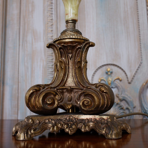 Vintage French CHERUB Rustic Green Onyx Marble & Metal Gold Table Bedside Lamp