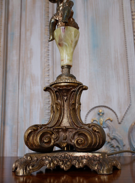 Vintage French CHERUB Rustic Green Onyx Marble & Metal Gold Table Bedside Lamp