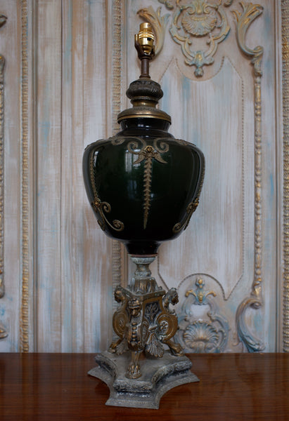 Vintage French Rustic Bronze Finish Green & Gold Ornate Spelter Glass Table Lamp