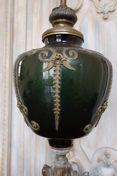 Vintage French Rustic Bronze Finish Green & Gold Ornate Spelter Glass Table Lamp