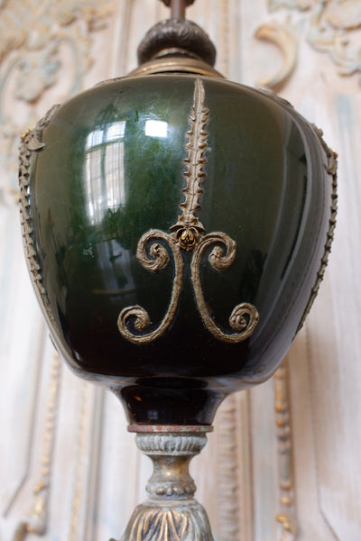 Vintage French Rustic Bronze Finish Green & Gold Ornate Spelter Glass Table Lamp