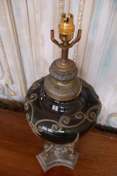 Vintage French Rustic Bronze Finish Green & Gold Ornate Spelter Glass Table Lamp