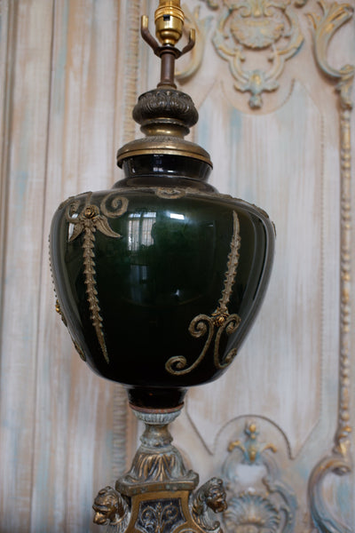 Vintage French Rustic Bronze Finish Green & Gold Ornate Spelter Glass Table Lamp